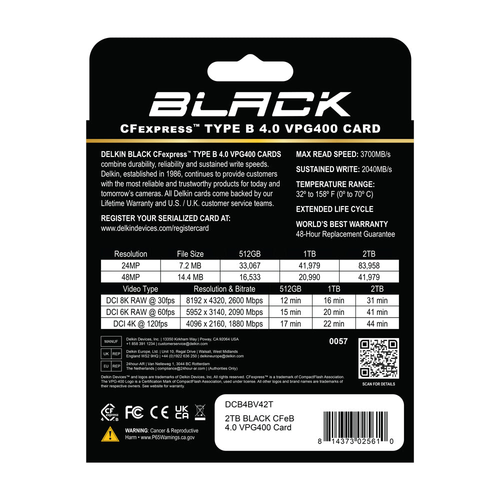 Delkin Devices BLACK 2 TB CFexpress Type B 4.0 VPG400 Memory Card Back Package