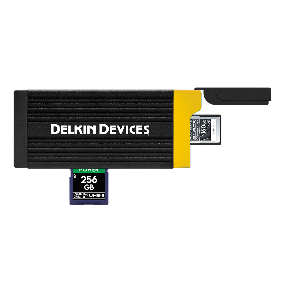 Delkin Devices USB 3.2 CFexpress Type A and SD UHS-II Dual Slot Reader Both Cards