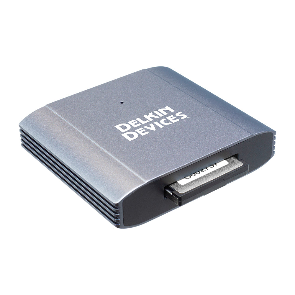 Angled view of USB 3.2 CFexpress Type B memory card reader by Delkin Devices