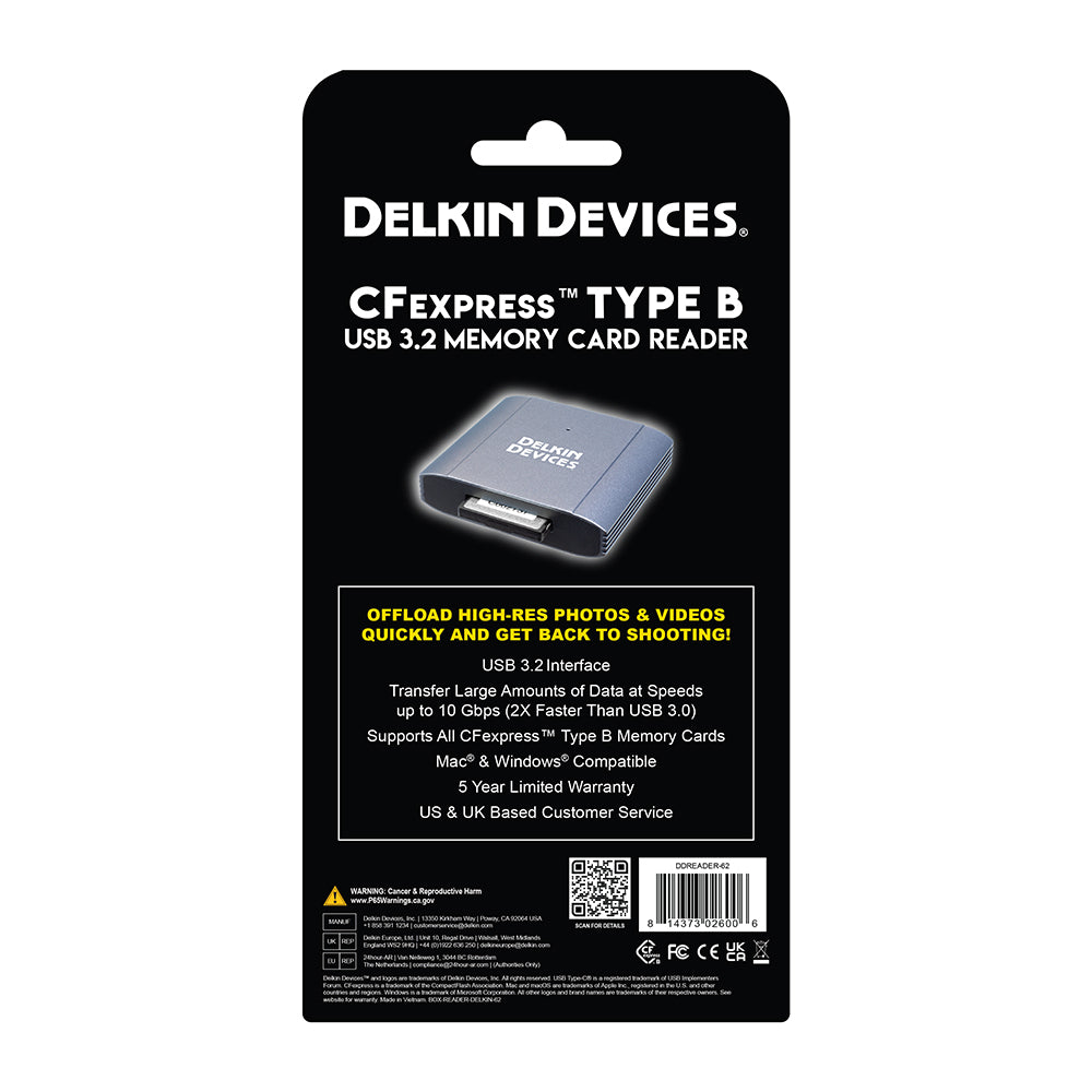 Retail back packaging for Delkin Devices USB 3.2 CFexpress Type B card reader