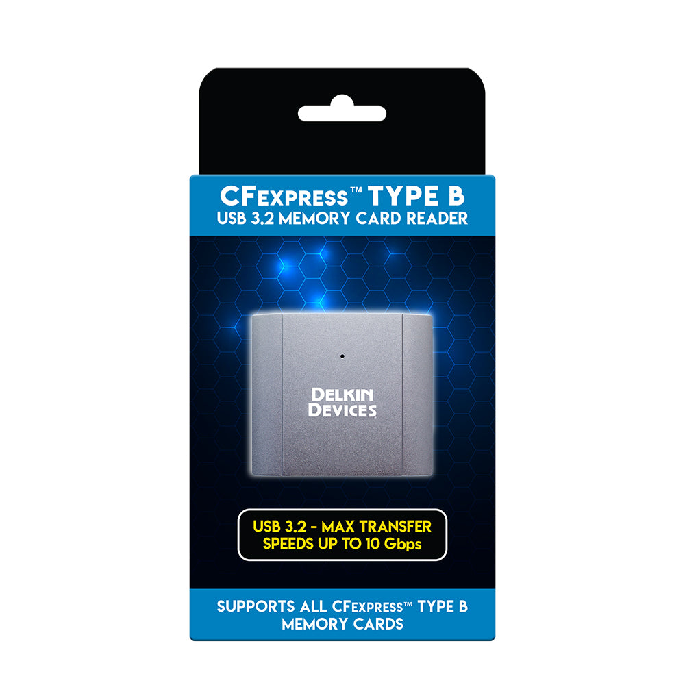 Retail packaging for Delkin Devices USB 3.2 CFexpress Type B card reader