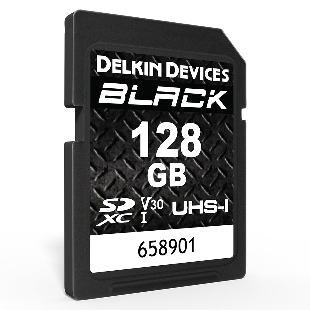 Delkin Devices BLACK V30 UHS-I Rugged SDXC Memory Card 128GB front angle