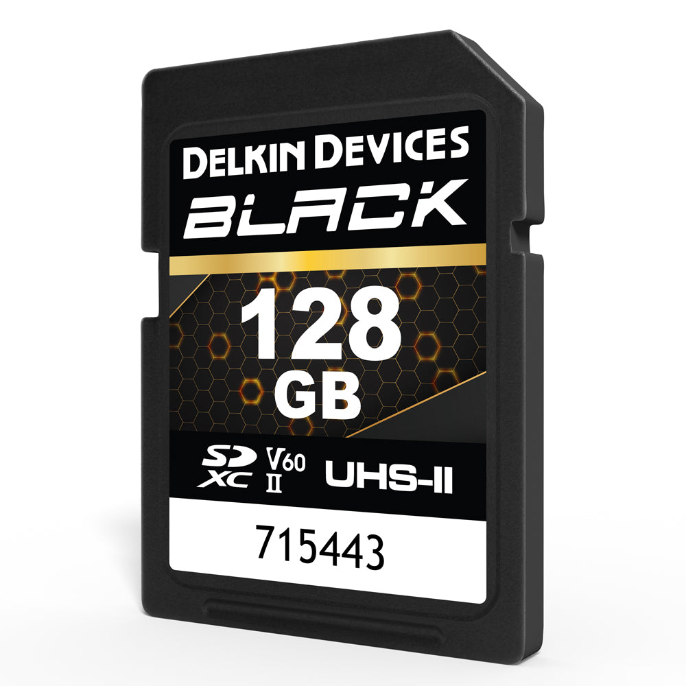 Delkin Devices BLACK V60 UHS-II Rugged SDXC Memory Card 128GB front Other Angle