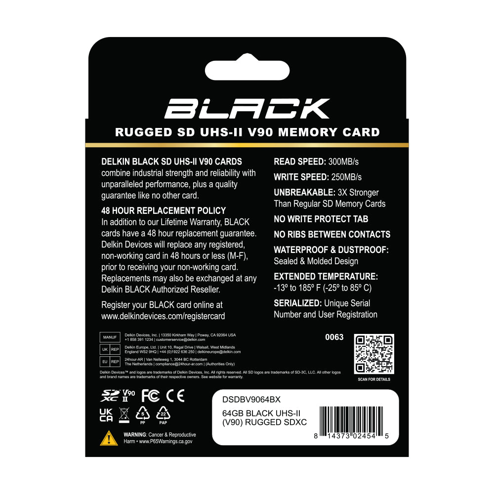 Delkin Devices BLACK V90 UHS-II Rugged SDXC Memory Card back label