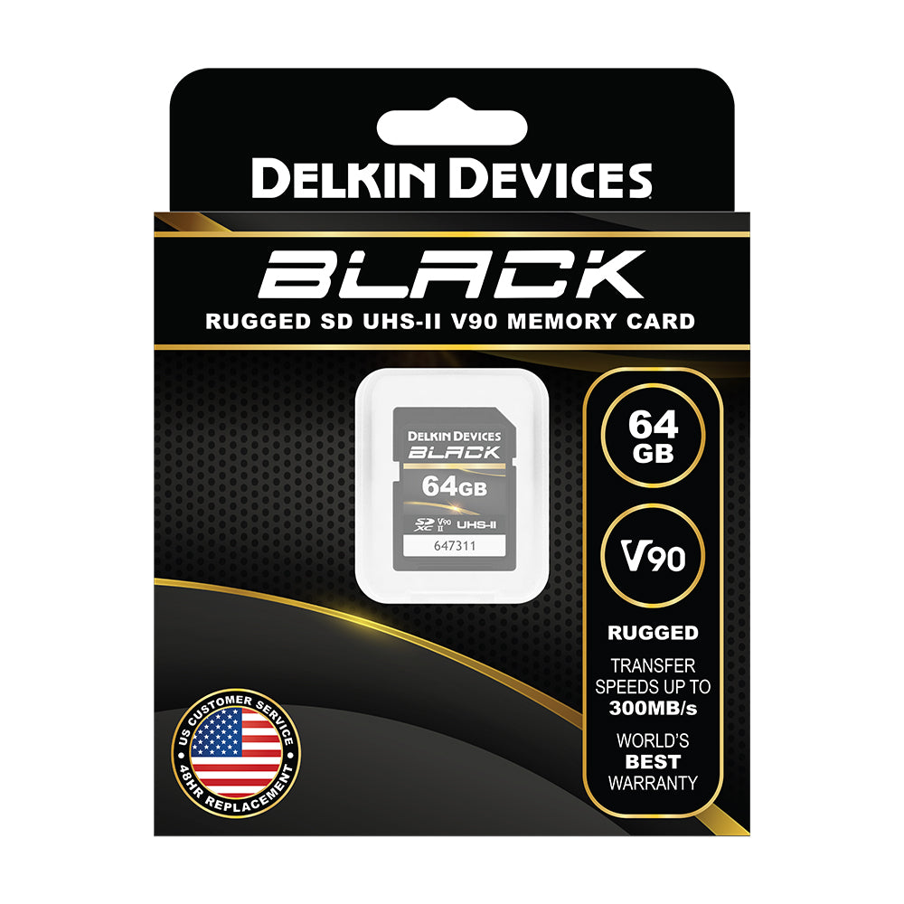 Delkin Devices BLACK V90 UHS-II Rugged SDXC Memory Card packaging