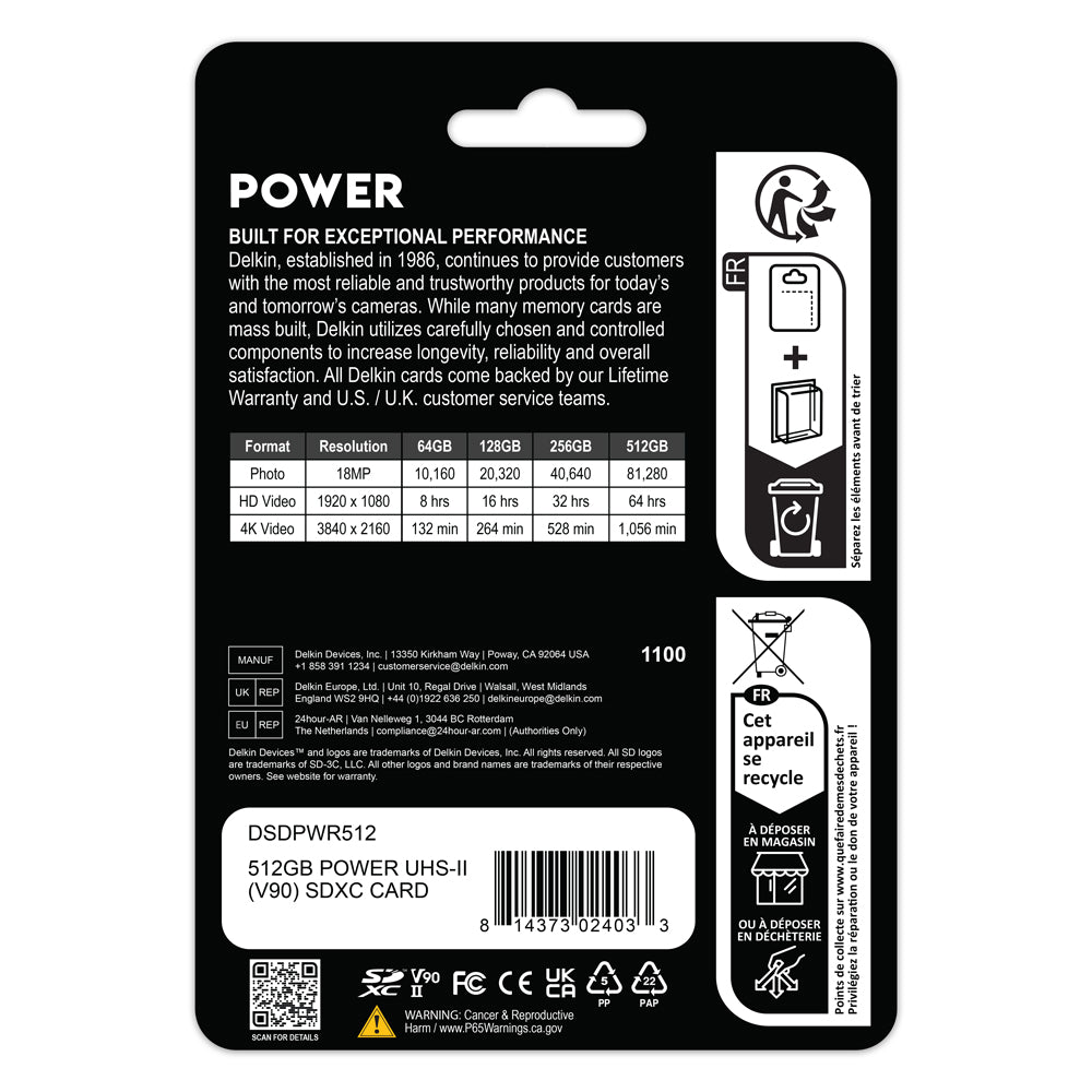 Delkin Devices POWER 512GB V90 UHS-II SDXC Memory Card Package Back